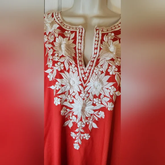 Vintage Large 1970s Red Floral White Embroidered Kaftan Long Maxi Boho - Picture 2 of 5
